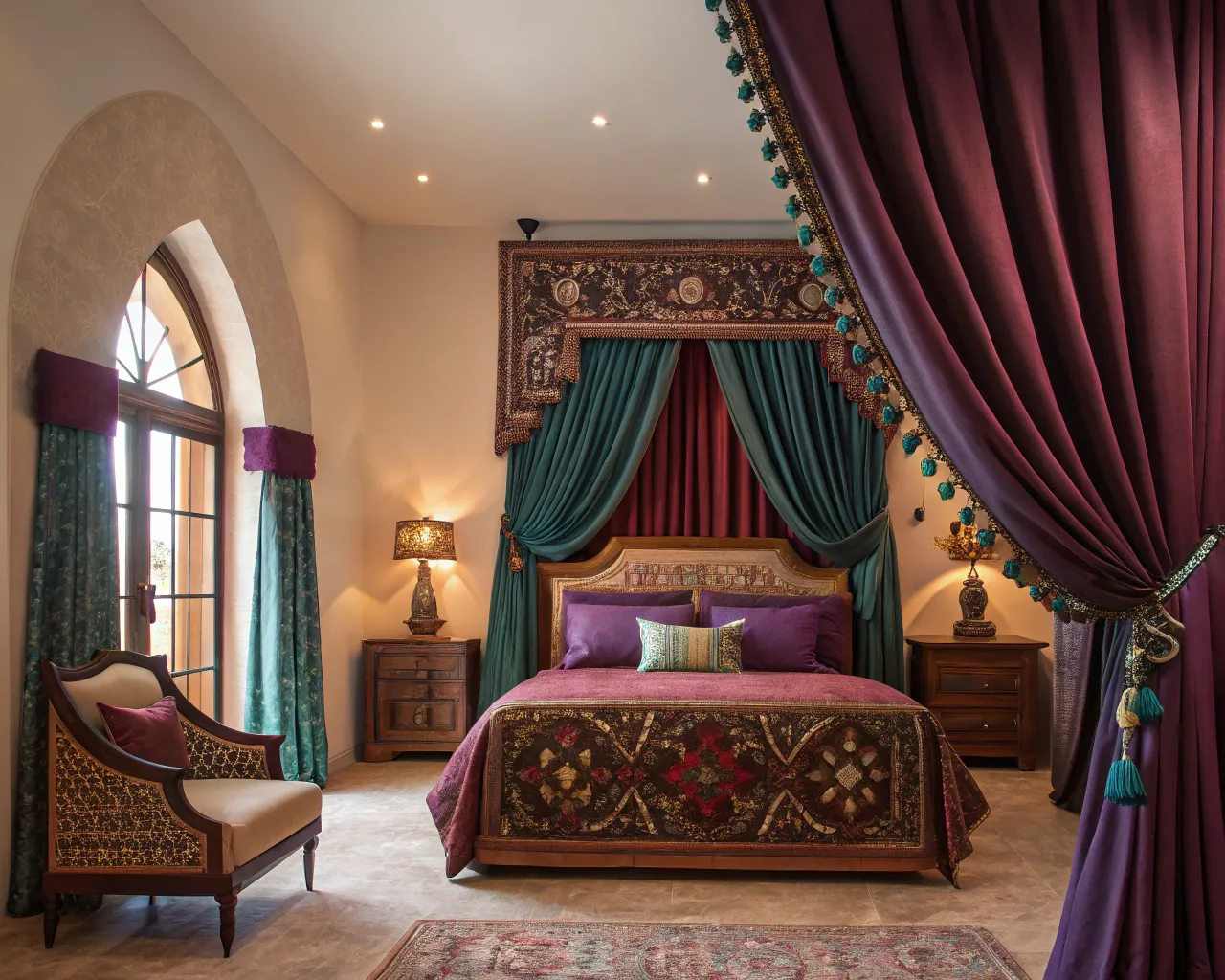 Cortinas y tapicería en dormitorio elegante