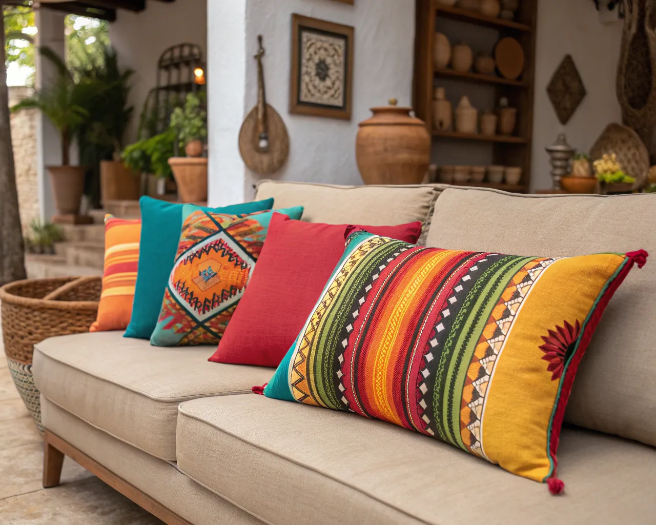 Cojines decorativos en sofá contemporáneo