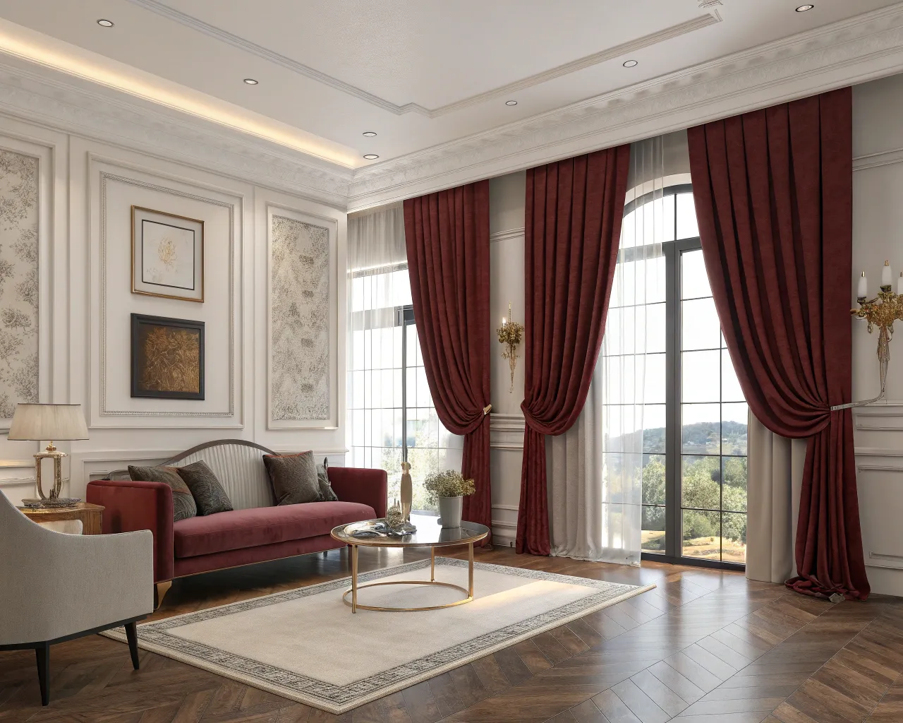 Cortinas clásicas en sala de estar elegante con pliegues suaves