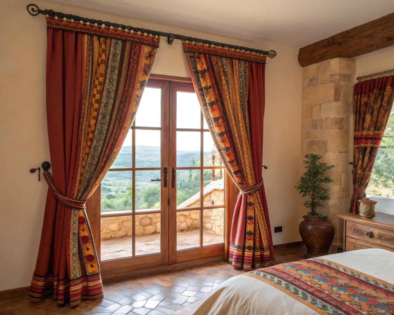 Cortinas de tela pesada en dormitorio principal con diseño tradicional