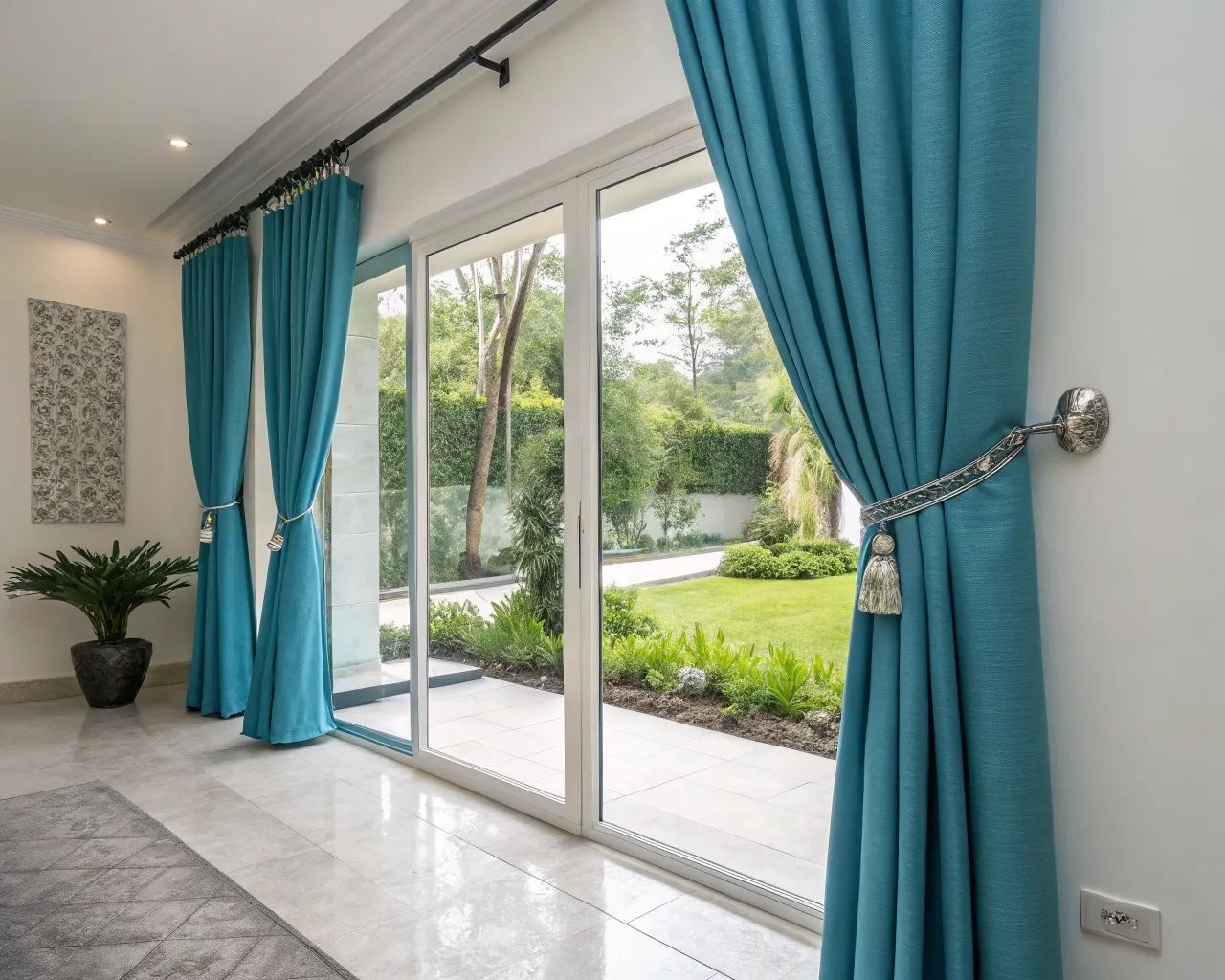 Cortinas con varillas decorativas en ventana grande