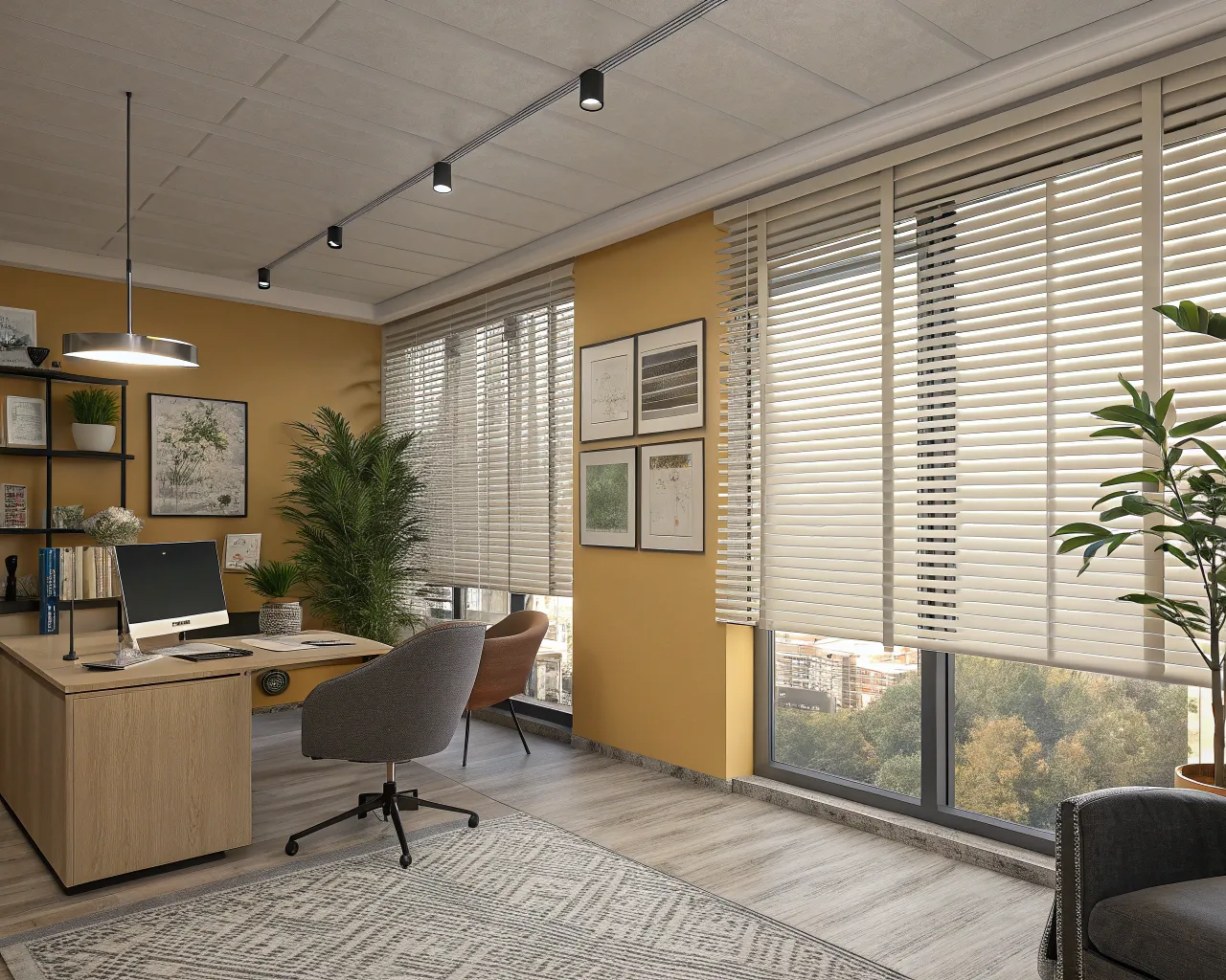 Persianas venecianas en oficina moderna con control de luz