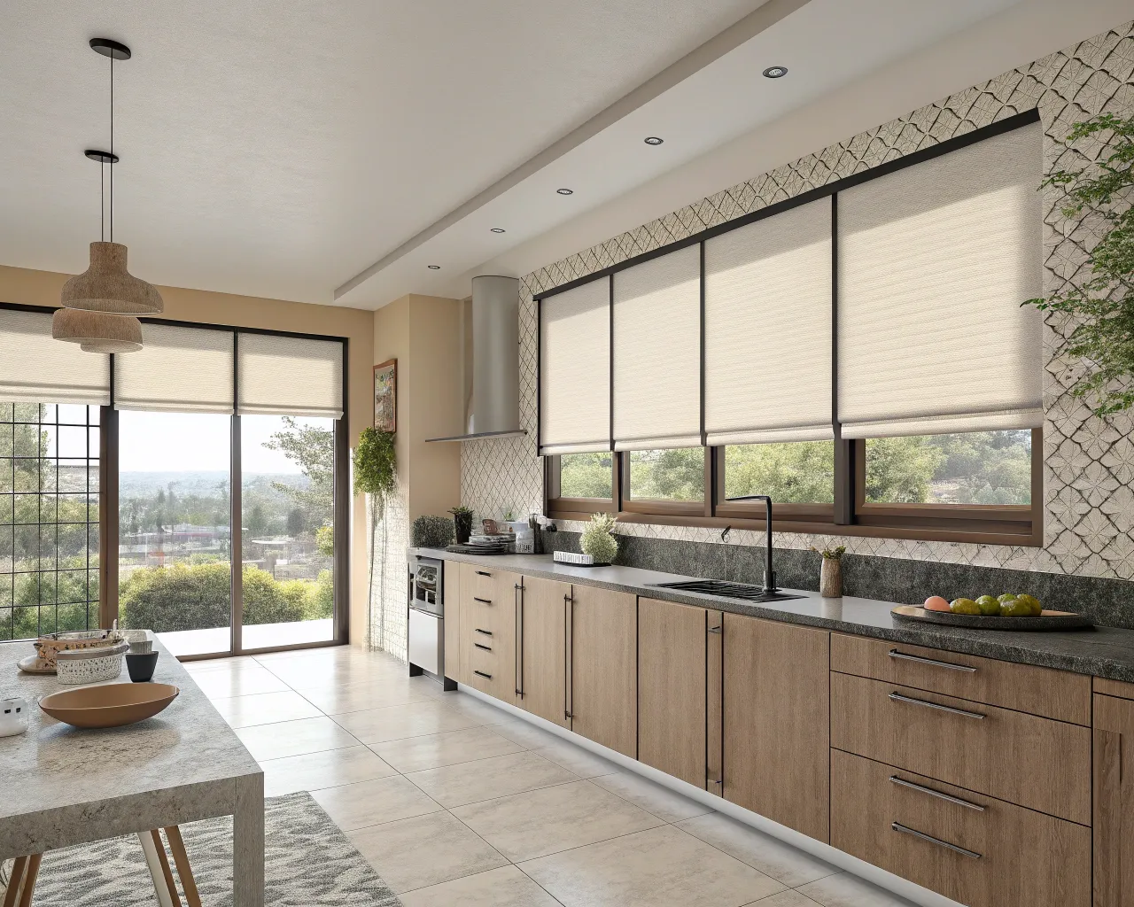 Estores enrollables en cocina con diseño funcional