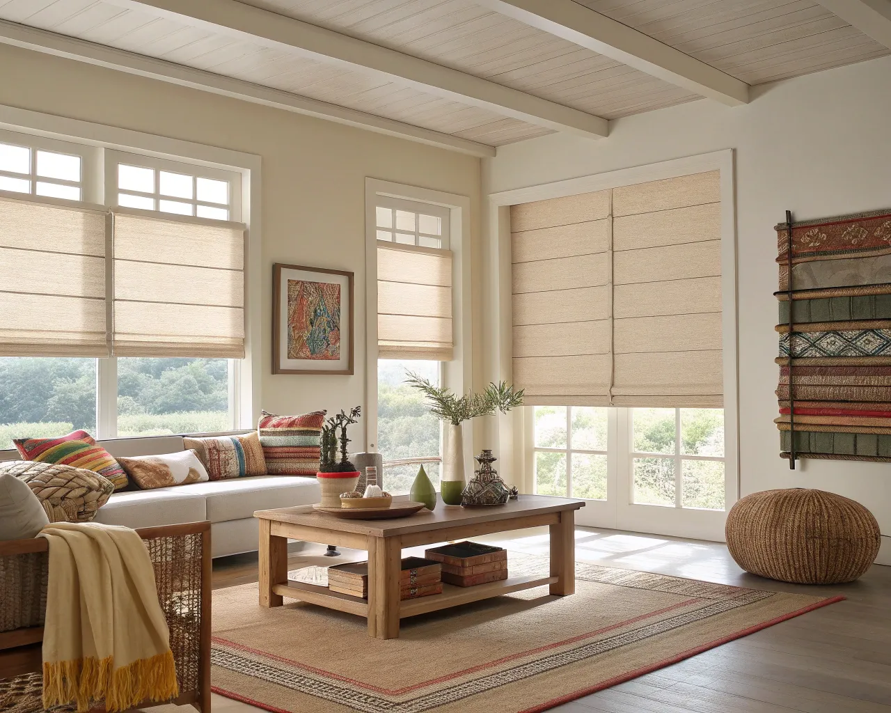 Persianas de tela en sala con control de privacidad